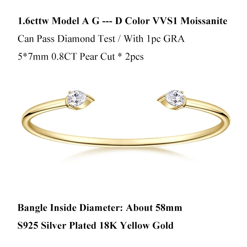 2-Stone 0.8ct Pear Cut Moissanite Cuff Bangle 925 Silver Open Hand Chain Bracelet Adjustable Diamond Jewelry For Women Gift