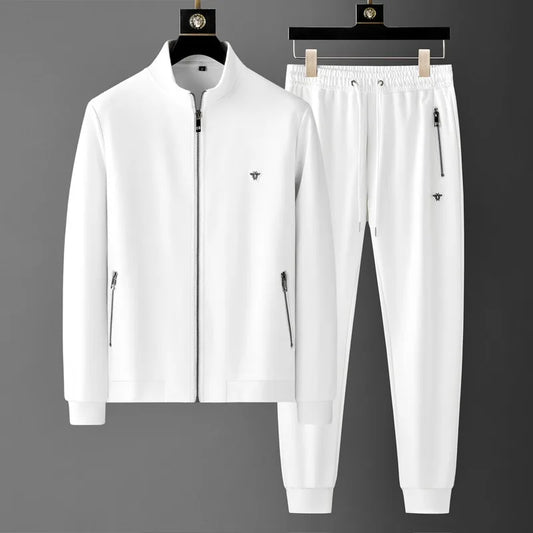 Spring Autumn Men's Sets Luxury Bee Printed Zipper Sweatshirt Solid Color Leisure Sports Elastic Wasit Pants Man Suits