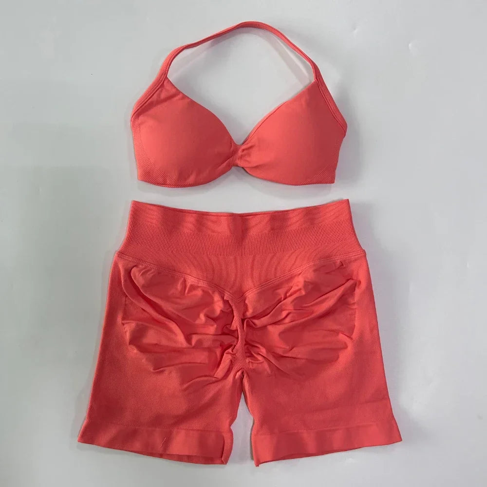 NO LOGO 2PCS Gym Set Women Strappy Yoga Bra Top High Waist Workout Scrunch Shorts Sports Suit Seamless Yoga Set Fitness Clothes