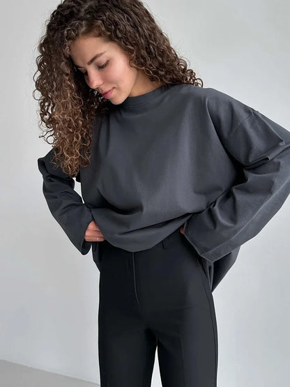 Women Summer 100% Cotton T-shirt Bottoming Spring Basic Fashionable Solid Lady Long Sleeve Loose Tops Shirts