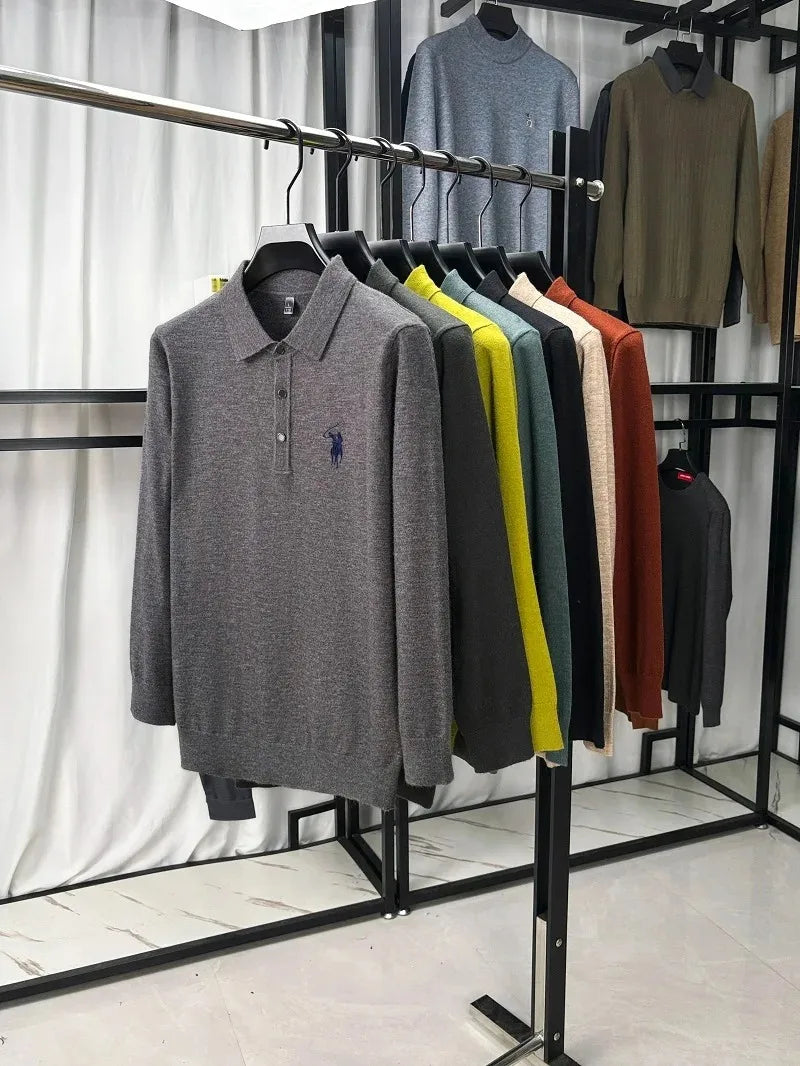 High quality luxury knitted long sleeve T-shirt men's autumn new designer brand Pony embroidery fashion Paul classic polo shirt