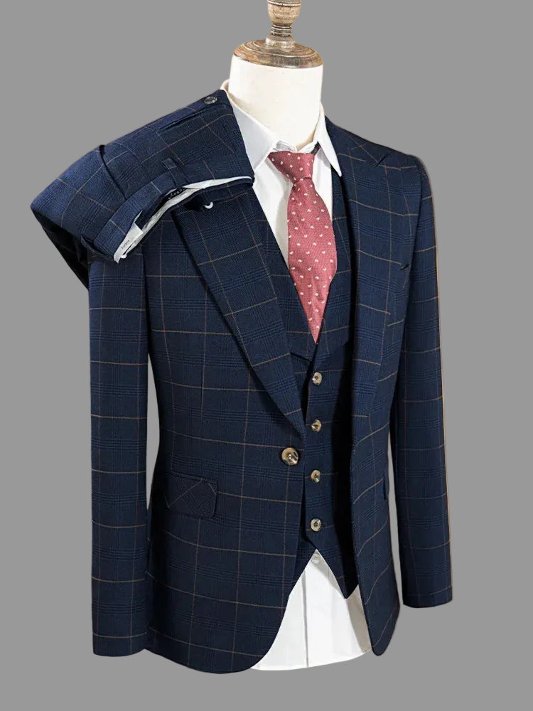 High quality 3 Piece Checkered Suit Set dark blue Stylish Business Office Wedding Formal Outfit Elegant full man dinner suit