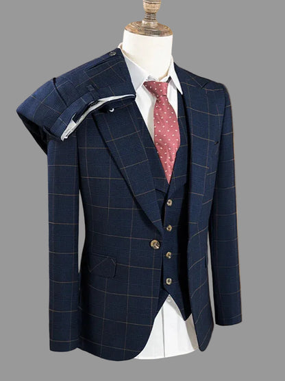 High quality 3 Piece Checkered Suit Set dark blue Stylish Business Office Wedding Formal Outfit Elegant full man dinner suit