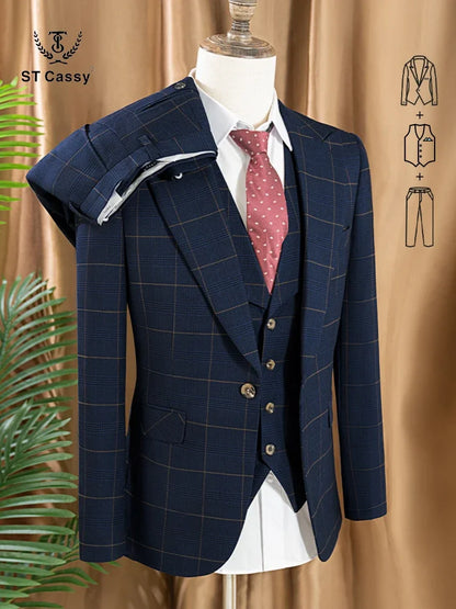 Dark blue 3 Piece Checkered Suit Set  Stylish Business Office Wedding Formal Outfit Elegant full man suit