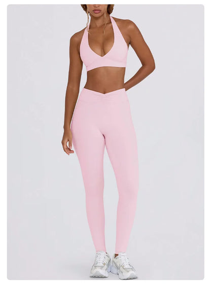Women's Yoga Suits Quick Drying Leggings Gym Shorts Nude Hanging Neck Bra Running Gym Exercise Sets