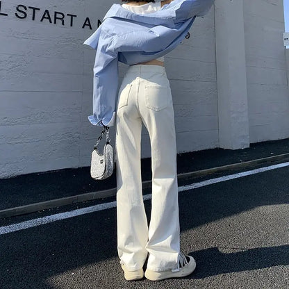 Calça Jeans Branca Feminina de Cintura Alta Jeans Branca Y2k Perna Larga Folgada