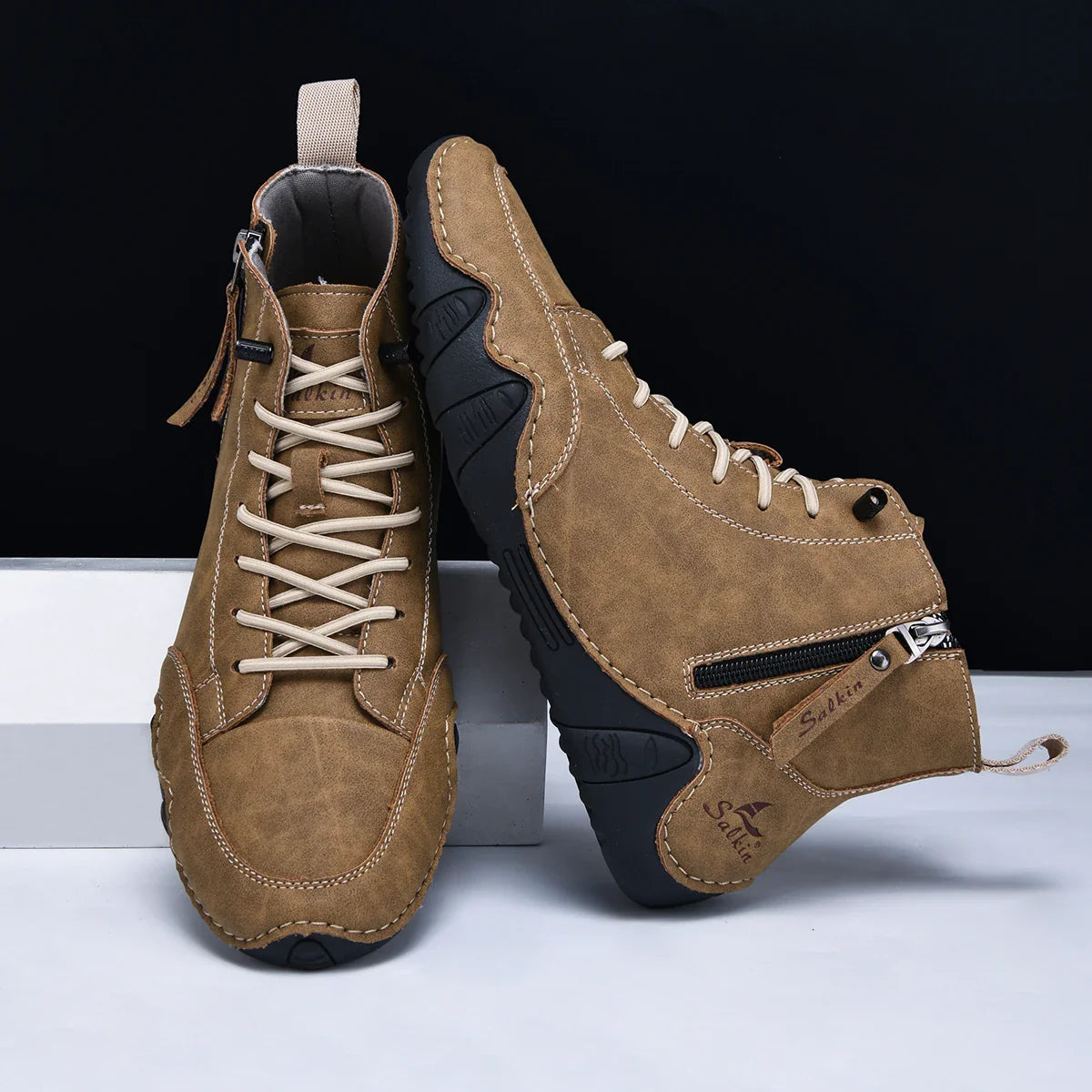 New 2025 Handmade Casual Shoes Men Sneakers Ankle Boots Leather Side Zipper Comfortable Breathable Anti-Slip Outdoor Walking