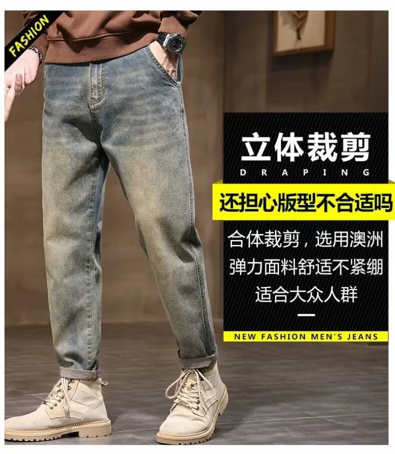 Calça Jeans Masculina Primavera Vintage Elástica Casual Longa Calça Reta Slim Algodão Poliéster Lavada para Adolescentes