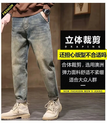 Calça Jeans Masculina Primavera Vintage Elástica Casual Longa Calça Reta Slim Algodão Poliéster Lavada para Adolescentes