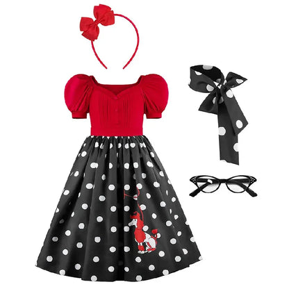 Girls Party Dresses Summer Dress Poodle Print Polka Dot Vintage Dress With Scarf Outfit Girls Casual Summer Dresses Birthday