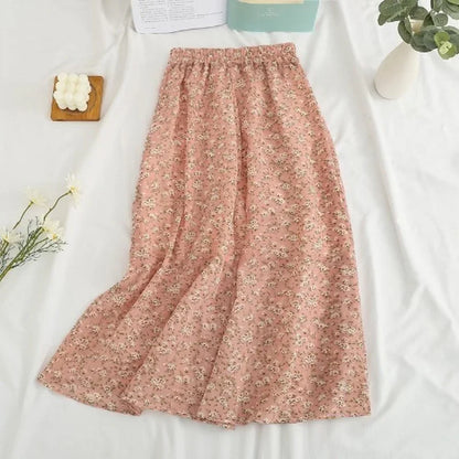 Women's Summer Skirts Vintage Floral Printed Chiffon Skirts High-waisted Elastic Waist Relaxed Mid-length Skirts Beach Skirts