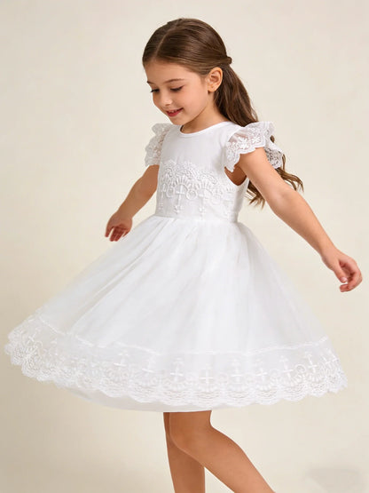 Summer Girls Sweet And Cute Flying Sleeves Solid Color Lace Princess Dress Fashionable Casual Dress