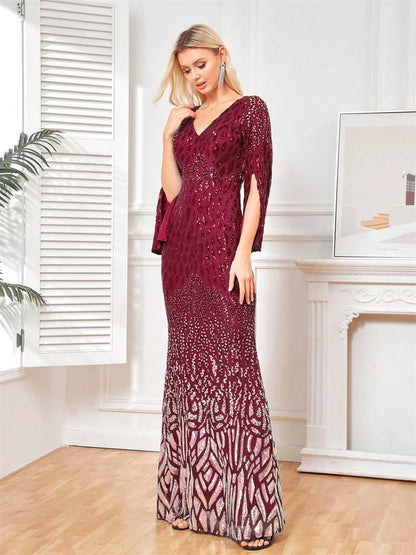 Luxury Blue Slit Long Sleeve Evening Dresses Women elegant 2025 Mermaid Formal Sequins Prom Wedding Party Cocktail Gowns