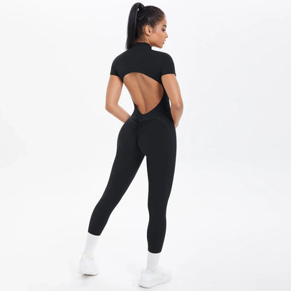 Short Sleeved Fitness Jumpsuit for Woman Bodysuits Backless Solid Color Scrunch One-Piece Suit Half Zipper Gym Yoga Sets Womens