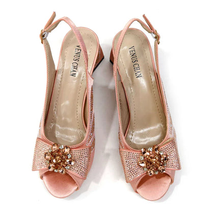 Italian Shoes and Bags Matching Set for Women Bow Rhinestones Peep Toe High Heels Purple Color Nigerian Party 2024