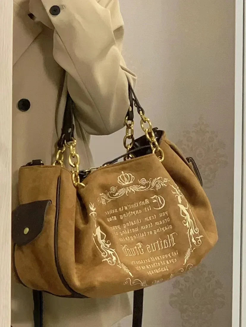 Bolsa Tote Feminina Rosa Vintage Y2K Gótica Estética Grande Capacidade Bordado Letra Retrô Corrente Grunge Viagem Ombro
