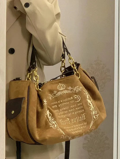 Bolsa Tote Feminina Rosa Vintage Y2K Gótica Estética Grande Capacidade Bordado Letra Retrô Corrente Grunge Viagem Ombro