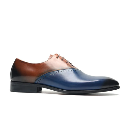 High Quality Men's Genuine Leather Wedding Dress Shoes Pointed Toe Lace-Up Formal Oxfords in Brown/Blue for Party Dinner