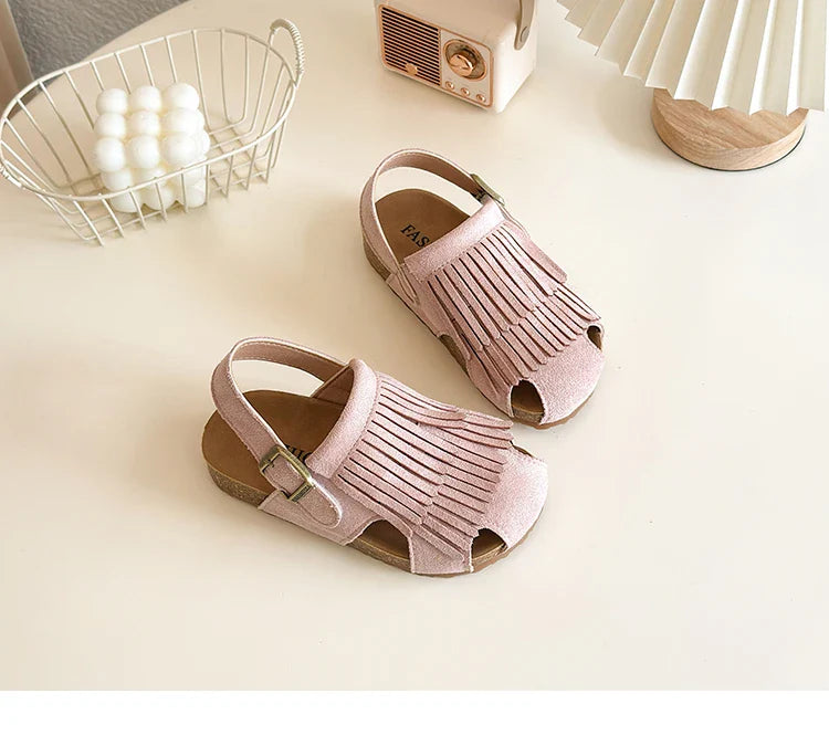 2025 Summer New Girls' Sandals Korean Style Tassel Princess Shoes Frosted Leather Hollow Sandals Comfortable 23-31