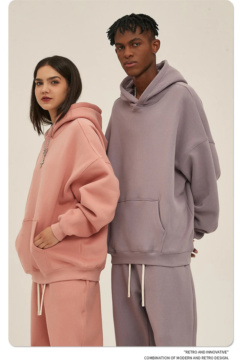 Thick 350gsm Fleece Hooded Hoodies For Men Unisex Winter Oversized Loose Basic Solid Sweatshirts Pullovers Coats HY0631