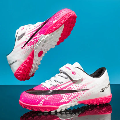 Kids' Turf Soccer Shoes with Rubber Soles, White/Pink, Black/Gold & WhiteMoon for Training
