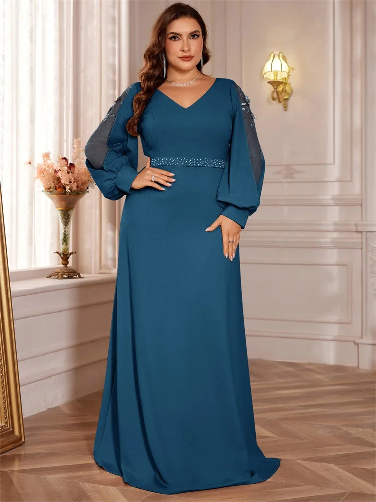 Plus Size Luxury V-Neck Red Long Sleeves Applique Formal Evening Dresses Women V-back Wedding Party Maxi Guest Gowns