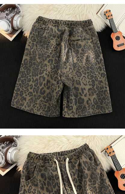 Men Leopard Denim Shorts Summer Thin American High Street Drawstring Casual Pants Loose Popular Versatile Handsome Trousers