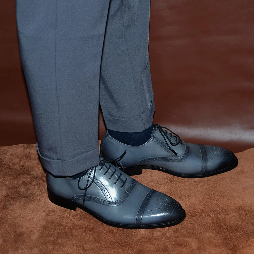 Italian Mens Dress Shoes Genuine Leather Cap Toe Oxfords Lace-up Black Brown Wedding Business Office Brogue Formal Shoes for Men