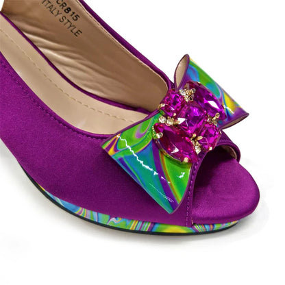 Fashion Purple Color Painted Rhinestones Elegant Peep Toe Sandals Shoes and Bag Set Italian Heels for Womens