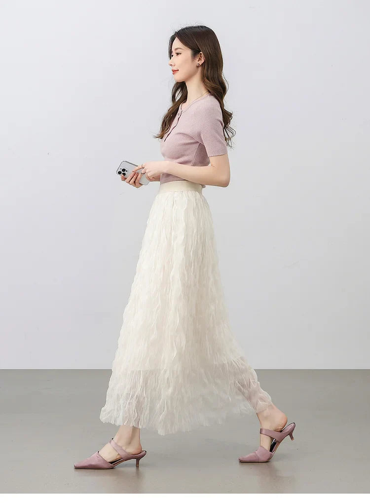 Sweet Style Mesh Skirt Women 2026 A-line Holiday Vacation High Waist Ruffles Long Skirt Woman Clothing W52Q80351
