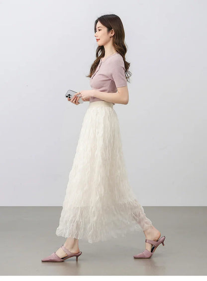 Sweet Style Mesh Skirt Women 2026 A-line Holiday Vacation High Waist Ruffles Long Skirt Woman Clothing W52Q80351