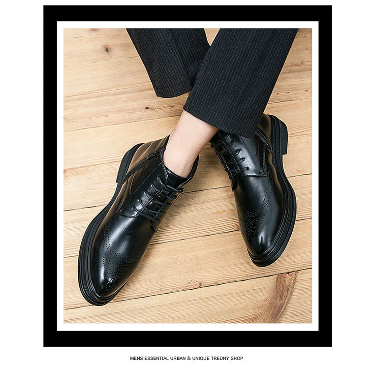 Men Pu Leather High Top Boots With Side Zipper Block Carving Design Business Casual And Handmade Ankle Boots