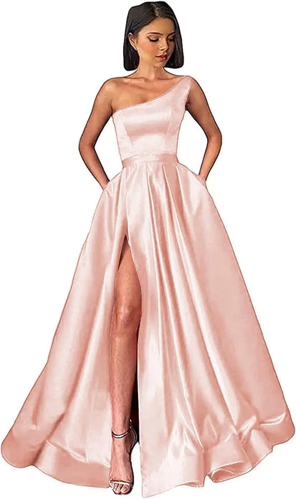 Women's One Shoulder Prom Dresses with Pocket High Slit Pleated Satin Corset Formal Gowns Evening Dress A Line Bridesmaid Gown