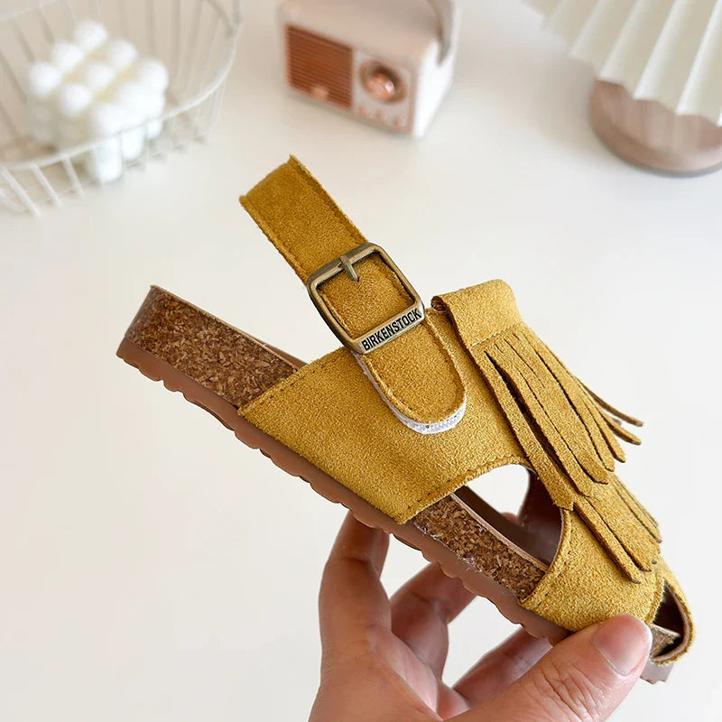 Summer Anti-Slippery Kids Suede Sandals for Girls Non-Slip Closed Toe Toddler Beach Shoes with Cute Tassels School Casual Wear