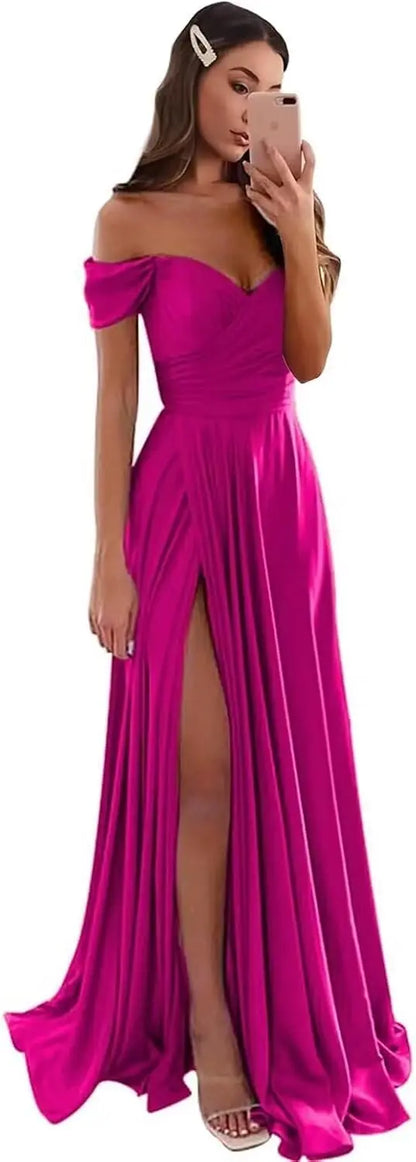 Women's Satin Prom Dresses Long Slit Formal Dresses Off Shoulder Evening Wedding Party Gowns Ruched Sweetheart Lace up Back