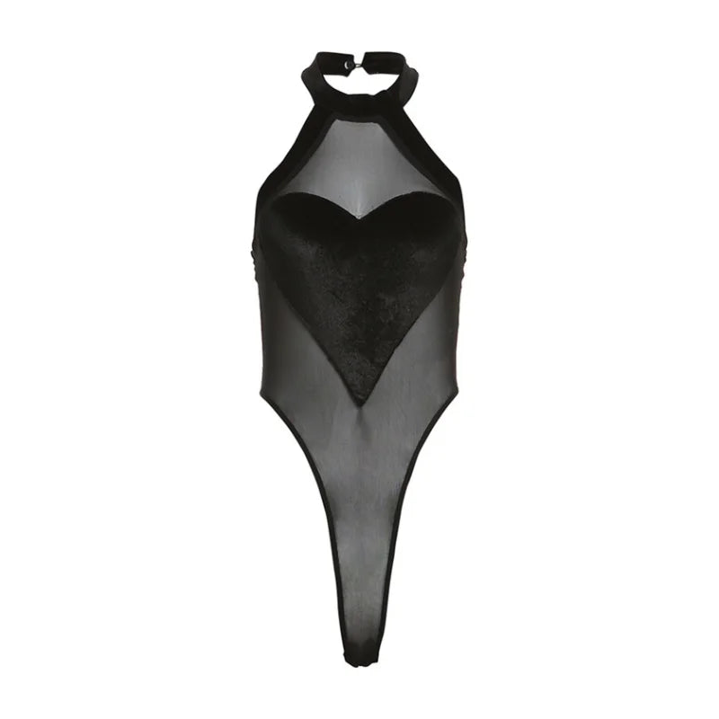 Flocking Heart Sexy Bodysuit Lingerie See Through Mesh One-pieces Body Feminino Sleeveless Bustier Black Tops Women Neck-mounted