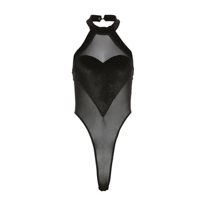 Flocking Heart Sexy Bodysuit Lingerie See Through Mesh One-pieces Body Feminino Sleeveless Bustier Black Tops Women Neck-mounted