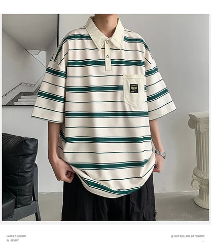 2024 New Summer Men POLO Shirt Trend Loose Clothing Students Short-sleeved T Shirt Tops Round Neck Five-quarter Sleeve Harajuku