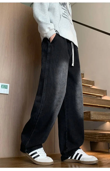 Calças masculinas casuais, calças retas soltas, primavera verão, nova moda, jeans masculinos de cintura alta com pernas largas