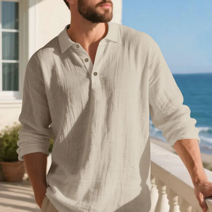 Linen shirt stand-up collar button-down men's loose casual breathable V-neck long-sleeved polo shirt