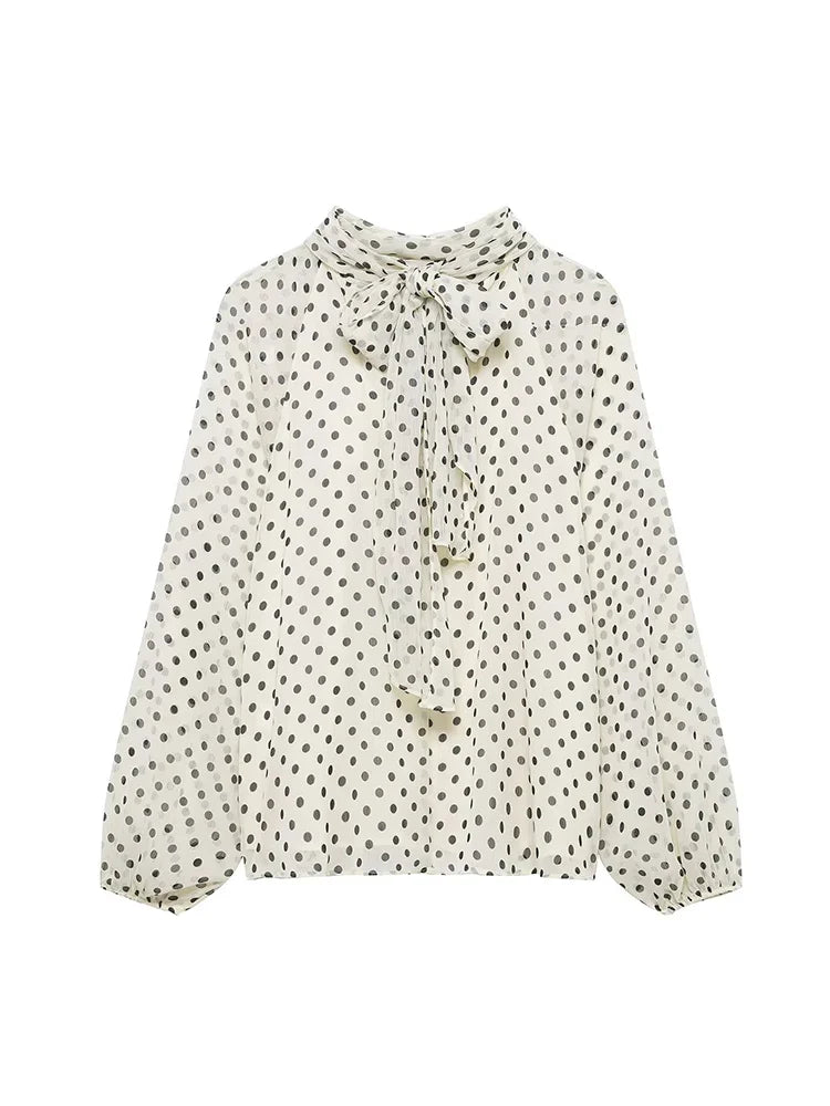 New Women Bow Collar Blouse Vintage Polka Dot Printed Loose Tops Fashion Elegant Spring Long Sleeve Commuting Shirts