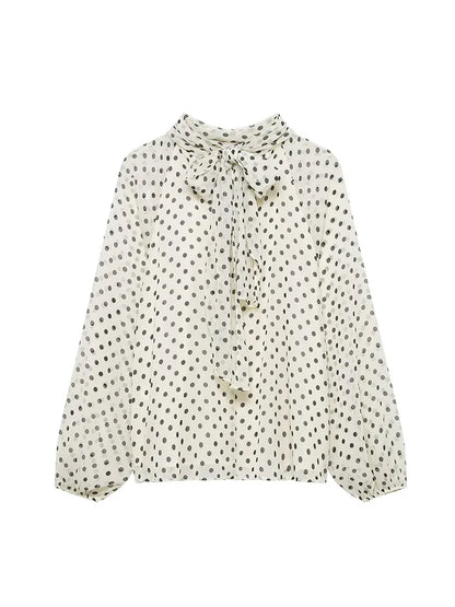 New Women Bow Collar Blouse Vintage Polka Dot Printed Loose Tops Fashion Elegant Spring Long Sleeve Commuting Shirts