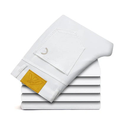2024 New Men's Khaki White Cotton Stretch Slim Smart Jeans Casual Straight Business Fashion Beige Brand Denim Trousers