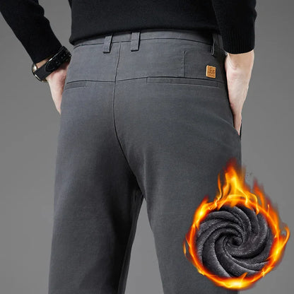 Winter Thickened Men's Velvet Casual Pants Fleece Warm Fashion Solid Color Straight Elastic Male Business Plush Pants