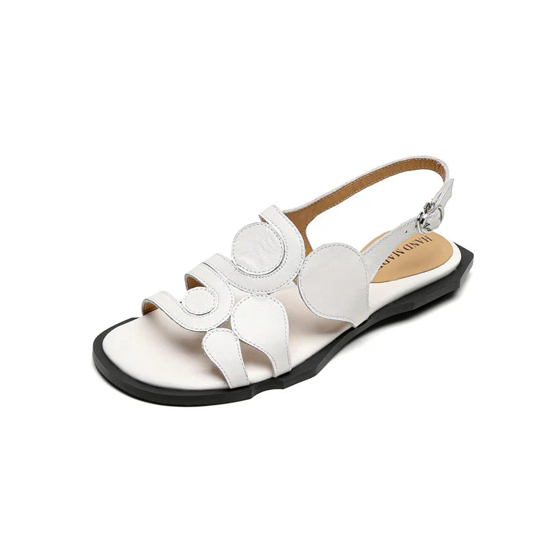 Women's New Round Head Spring/Summer Genuine Leather Sheepskin Spliced Low Heel Large Size Elastic Open Toe Sandals