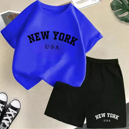 New York letter pattern boy and girl T-shirt+shorts 2-piece set