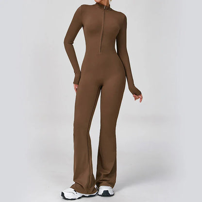 VITALINOVO Women Long Sleeve Flare Workout Jumpsuit Zip Up Romper Bottom Pants Wide Leg Full Length Bodysuit Bodycon One Piece