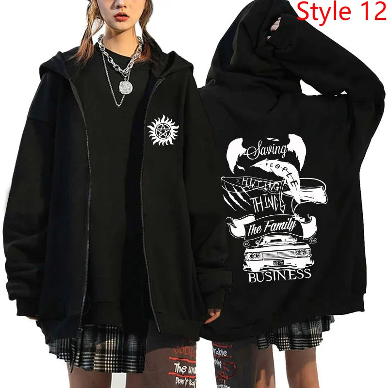 New Supernatural Printed Zipper Hooded Fashion Women Men Sweatshirt Casual Sport Hoodie Personality Zipper Long Sleeve Coat