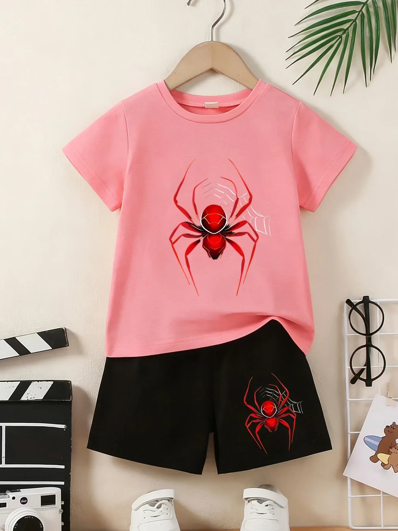 Children's Summer Set - Short-Sleeved Shorts Spider Print T-Shirt. Perfect Daily Wear Versatile Occasions. Ideal Birthday Gift