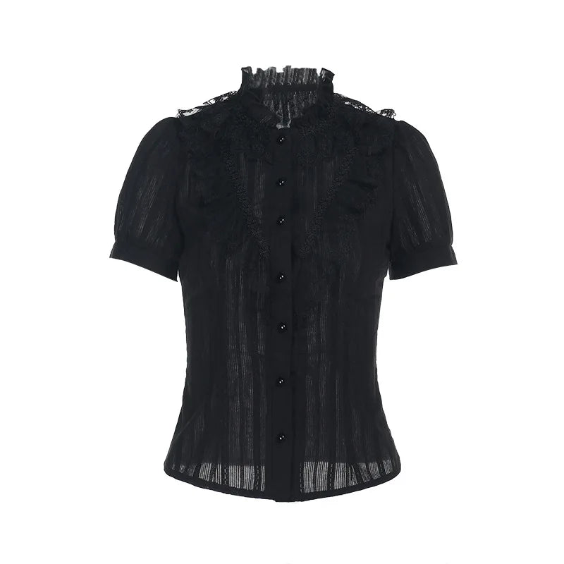 Cotton Shirts Women Vintage Gothic Black White Jacquard Short Sleeve Blouses Elegant Office Lady Y2k Tops